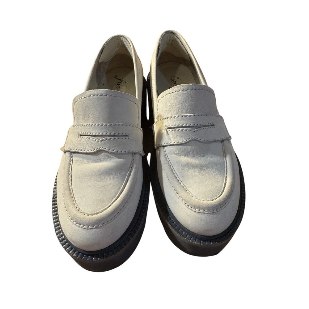 Free People Women Off White Leather Penny Loafers Chunky Lug Platform Sole 38.5